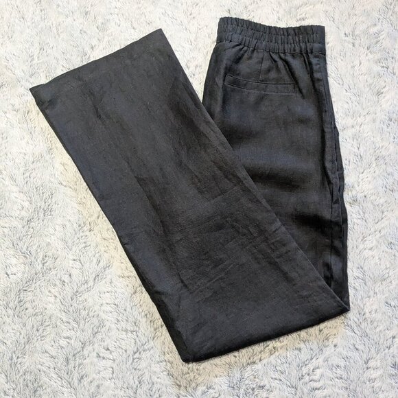 NEW Rough Linen Touch 100% Linen Pants Black Wide Pull On Elastic Large - Picture 1 of 10